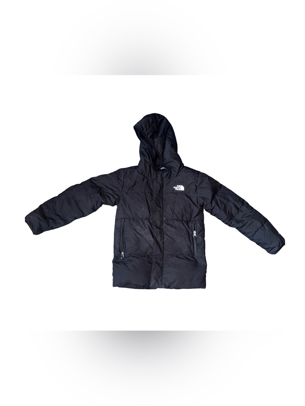 Boys hooded North face 550 down puffer jacket size 7 in black